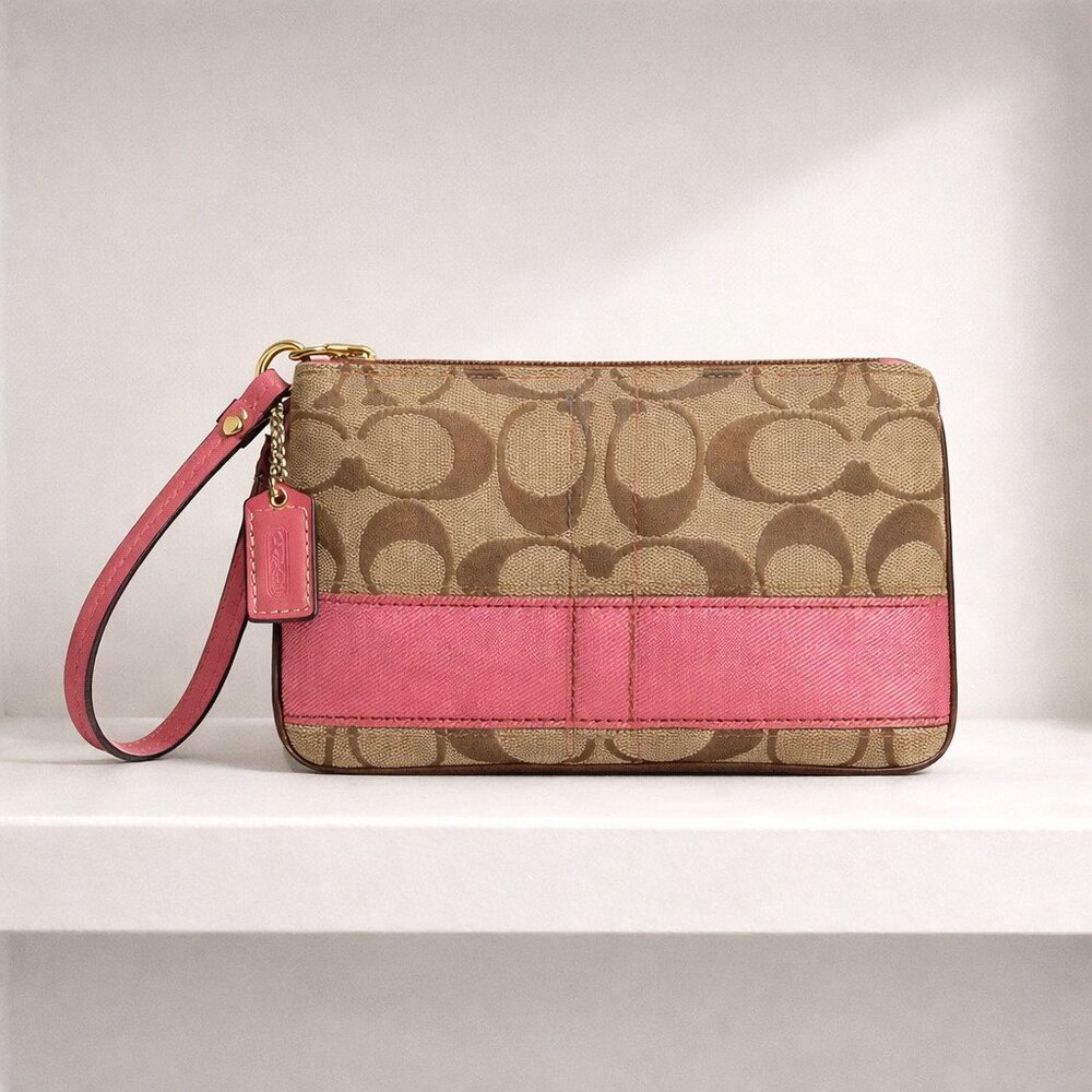 Coach Signature Satin Stripe Wristlet – Khaki Brown & Pink